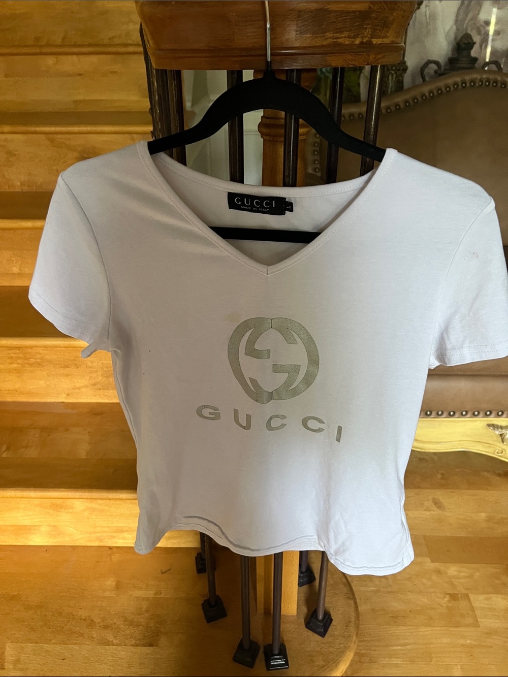 Gucci White Short-Sleeve V-Neck Logo Tee